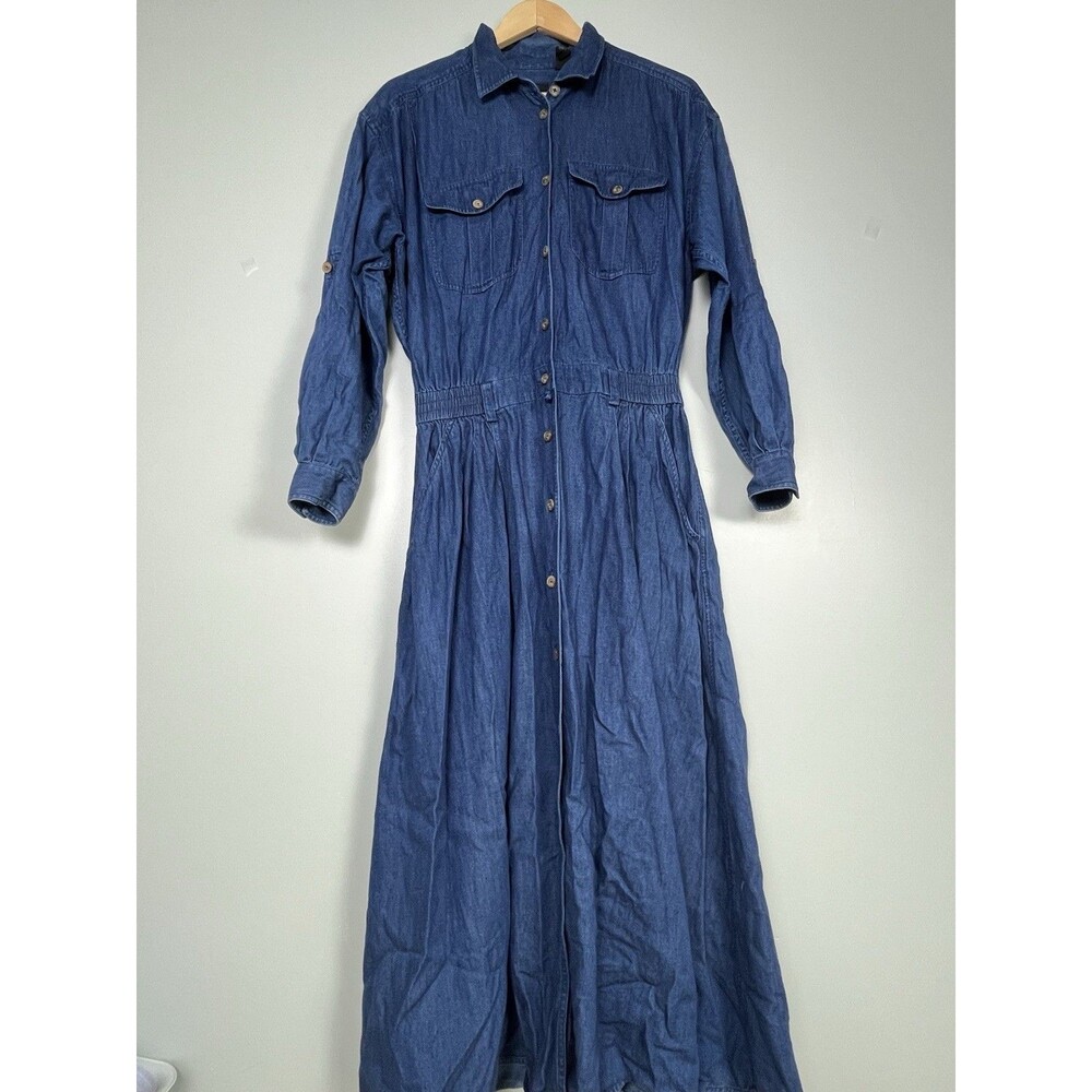 VTG 90s Liz Sport Women Sz 12 Denim Maxi Shirt Dress Long Sleeve Western Prairie